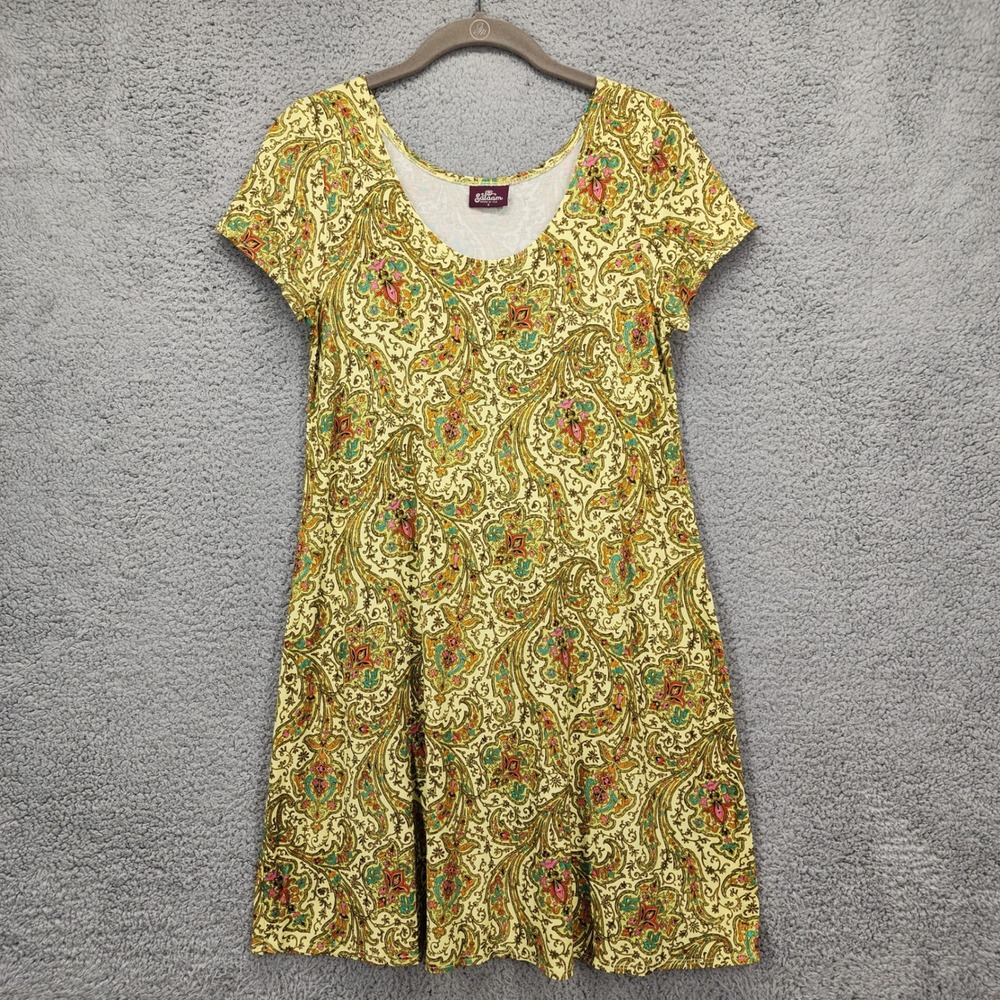 Salaam Yellow Paisley Print Short Sleeve Scoop Neck Mini Knit Dress Women Small‎